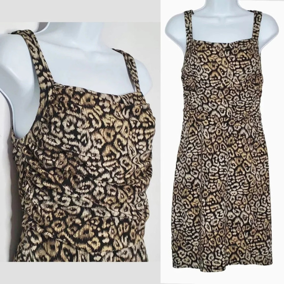 ANN TAYLOR Sleeveless Square Neck Leopard Fitted Knee Length Dress, Ruched Sides - Picture 3 of 15
